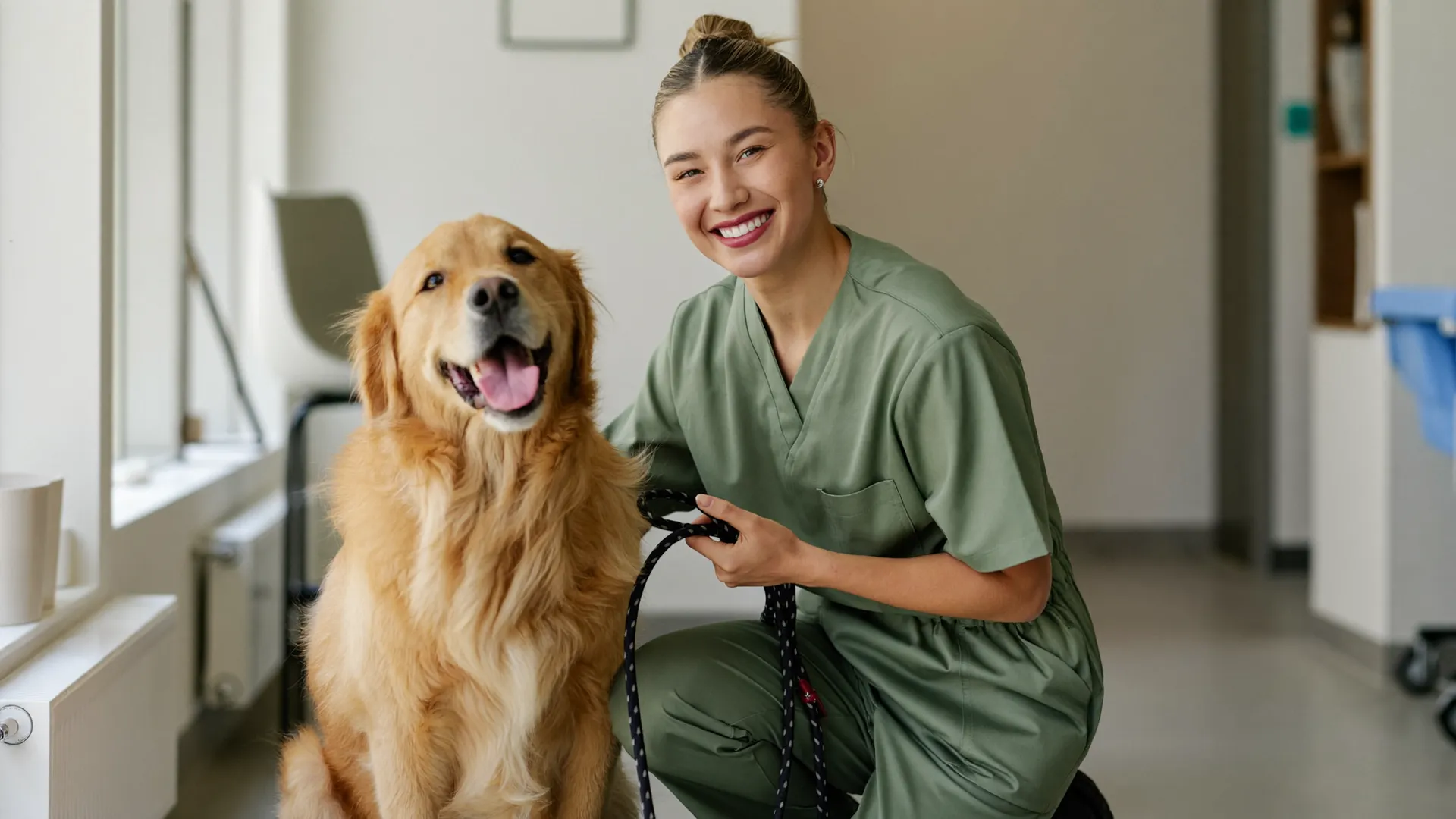 Vet with a golden retriever in the clinic
